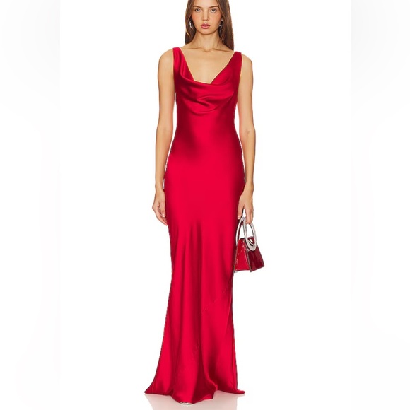 Norma Kamali Dresses & Skirts - Norma Kamali Deep Drape Neck Gown Tiger Red satin Maxi Dress AS IS Revolve S